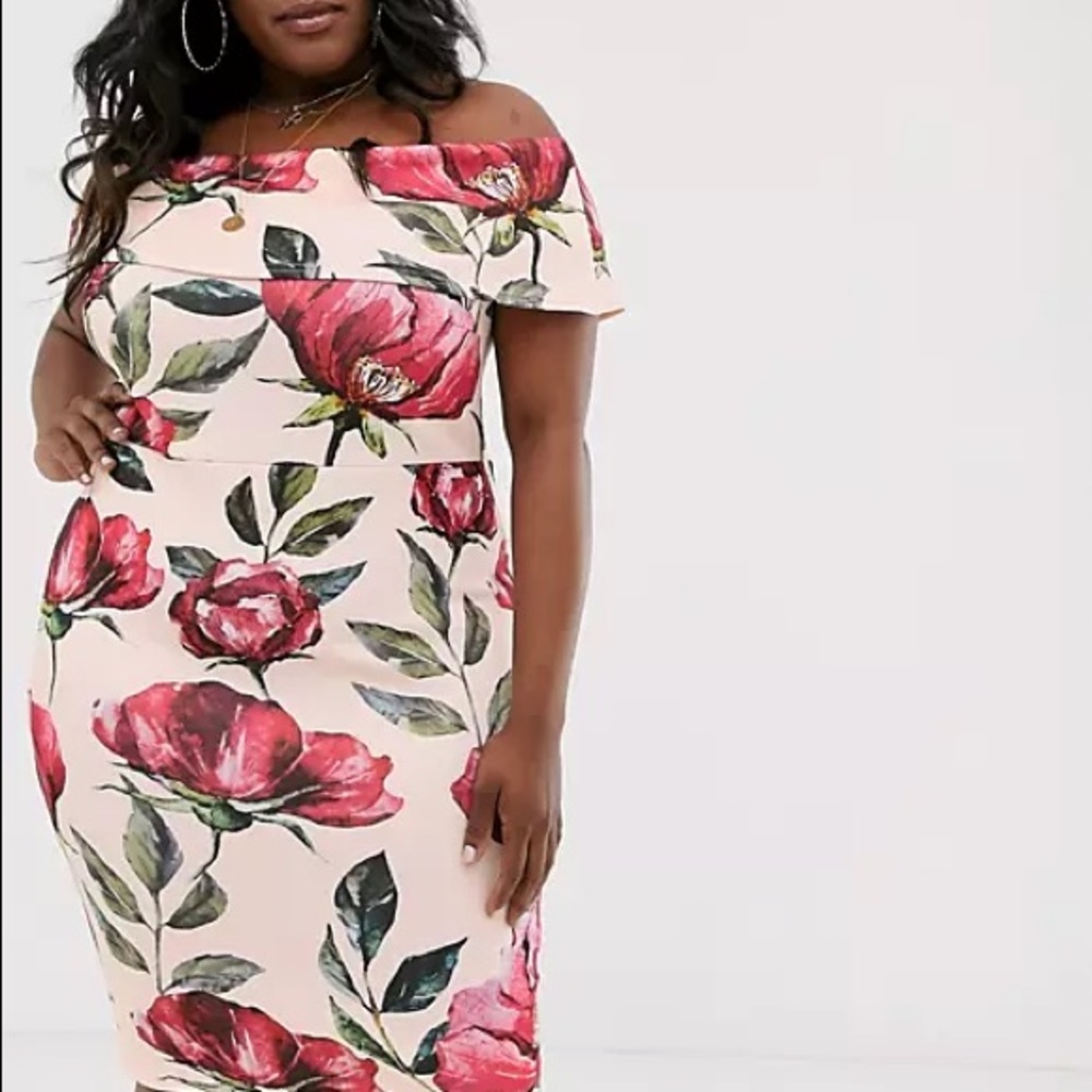 Simply be Bardot tie waist dress in pink floral PLUS